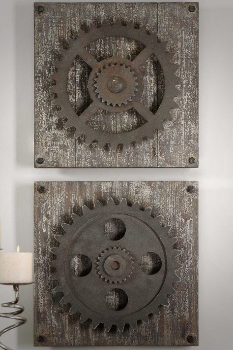 Pair of rustic gears | wall art | cogs | wheels #decor #rustic #farmhouse #modern #gears #industrial #walldecor #ad Steampunk Bedroom, Gear Wall, Steampunk Wall, Steampunk House, Farmhouse Modern, Steampunk Lamp, Old World Charm, Wood Planks, How To Distress Wood