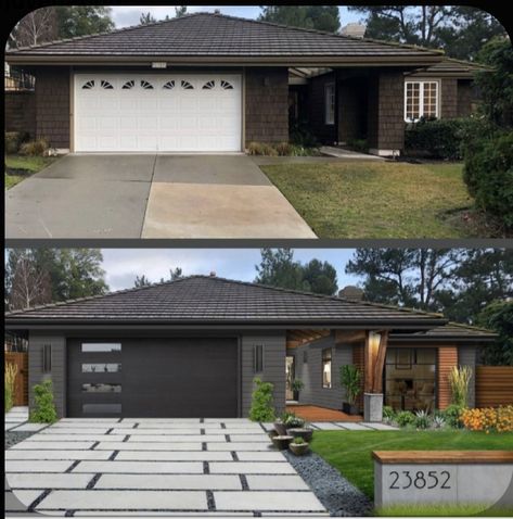 Grey Exterior House Colors Modern, Black House Before And After, Deep Front Yard Landscaping, Side House Entrance Ideas, Modern Paint Exterior House, Home Facade Makeover, Organic Modern Exterior Paint, Dark Exterior House Colors Ranch, Modern Exterior Wood Accents