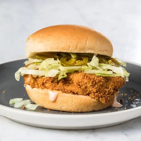 Air-Fryer Spicy Fried-Chicken Sandwich | America's Test Kitchen Recipe Fried Sandwiches, Fried Fish Sandwich, Roasted Vegetables With Chicken, Greek Chicken Kabobs, Spicy Chicken Sandwich, Bacon Corn Chowder, Grilled Chicken Kabobs, Chicken Noodle Soup Crock Pot, Spicy Fried Chicken