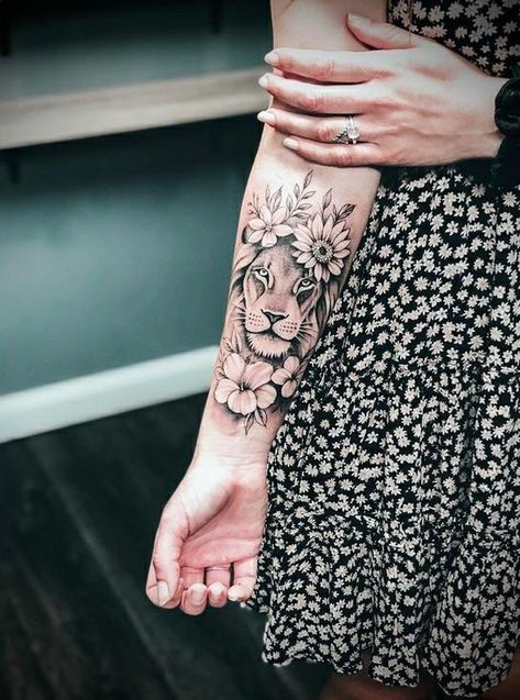 Women's Lion Tattoo, Half Sleeve Lion Tattoos For Women, Lion Wrist Tattoo Women, Leo Shoulder Tattoos For Women, Tattoos Lion Women, Lion Tattoo Meaning For Women, Womens Lion Tattoo, Lion Tattoo For Women Forearm, Lion Half Sleeve Tattoos For Women