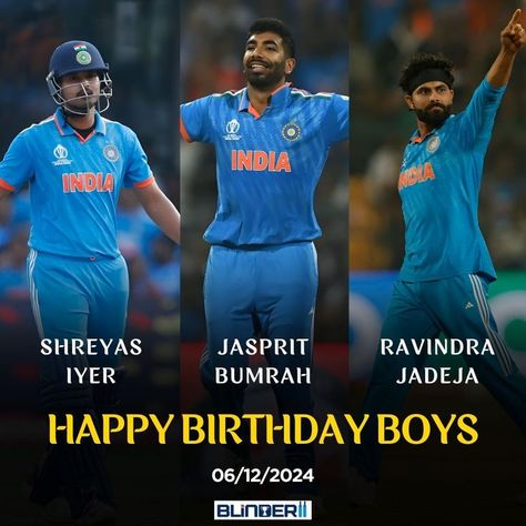 Happy Birthday to three of India's finest stars 🌟—Shreyas Iyer, Jasprit Bumrah, and Ravindra Jadeja! 🏏💙 Let's celebrate their incredible contributions to Indian cricket on this special day. 🙌 Drop your wishes for these legends in the comments! 🎁✨ Shreyas Iyer, Jasprit Bumrah, Ravindra Jadeja, Indian Cricket, Let's Celebrate, Lets Celebrate, Sports News, Special Day, Happy Birthday