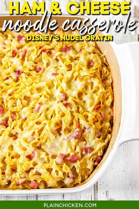 Ham & Cheese Noodle Casserole (Disney's Nudel Gratin) - cheesy ham and cheese pasta casserole! The recipe is from Disney's Epcot International Food and Wine Festival. Ham, egg noodles, heavy cream, eggs, salt, pepper, onion, nutmeg, swiss cheese, white cheddar cheese. Comfort food at its best! Makes a great weeknight dinner! Ham And Egg Noodle Casserole, Ham And Egg Noodles Recipes, Ham Casseroles, Egg Noodle Casserole, Ham And Cheese Pasta, Plain Chicken Recipe, Ham And Noodle Casserole, Ham Dishes, Cheese Noodles