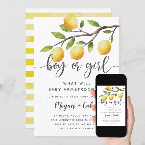 Gender Reveal Summer, Baby Shower Summer, Lemon Theme, Rustic Baby Shower Invitations, Summer Party Invitations, Gender Reveal Party Invitations, Summer Watercolor, Gender Neutral Baby Shower Invitations, Baby Shower Invitation Cards