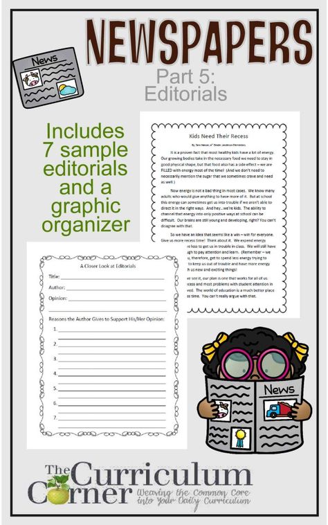 Newspapers Part 5:  Editorials FREE from The Curriculum Corner \ part of a series helping teachers with a newspaper study in the classroom News Articles For Kids, Newspaper Writing, Editorial Example, Editorial Writing, Article Ideas, Articles For Kids, Article Template, School Newspaper, Writing Articles