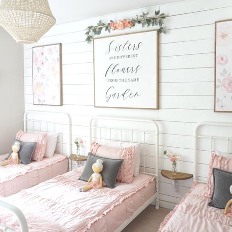 Darling shared girls bedroom in blush pink, grey, white, gold with floral decor. "Sisters are different flowers from the same garden" by Ellison Made Sisters Are Different Flowers, Sister Bedroom, Sister Room, Shared Girls Room, Floral Bedroom, Loft Bedroom, Toddler Girl Room, Shared Bedroom, Twin Beds