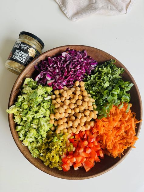 Crunchy Rainbow Salad | Buderim Ginger Unbound Wellness Ginger Dressing, Chickpea Rainbow Crunch Salad, Rainbow Salad, Red Cabbage, Lunch Snacks, Recipe Collection, Vegan Friendly, Next Level, Broccoli