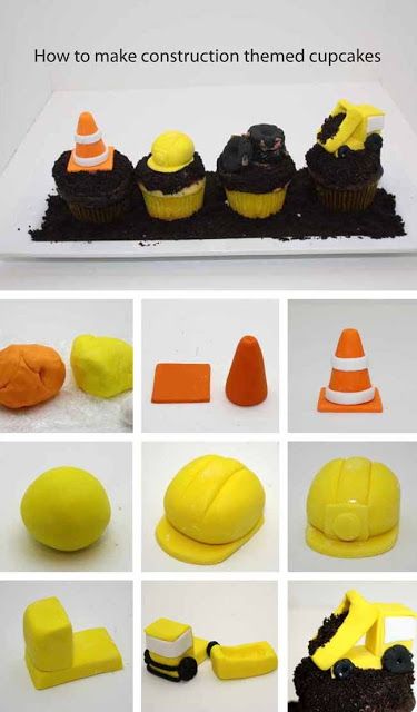 Sweet Eats Cakes: Construction Themed Cupcake Toppers Tutorial Construction Cupcakes Ideas, Construction Cakepops, Excavator Cupcakes, Construction Theme Cupcakes, Cupcake Cake Construction Theme, Construction Vehicle Cupcakes, Fondant Excavator Tutorial, Construction Cupcakes, Cupcake Decorating Party