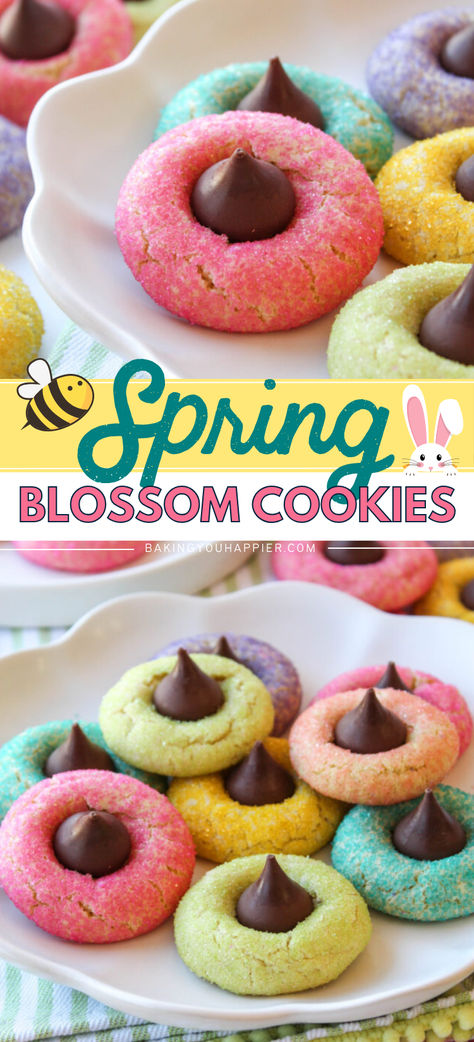 Spring Blossom Cookies, a simple to make soft and chewy sugar cookie that is bright and cheery for a fun Spring, Easter, or birthday treat! Easter Kid Recipes, Easter Blossom Sugar Cookies, April Desserts Spring, Sweet Treat Decorations, Easy Spring Snacks, Fun Spring Dessert Ideas, Easy Easter Bake Sale Treats, Kid Friendly Easter Food, Easter Blossom Cookies