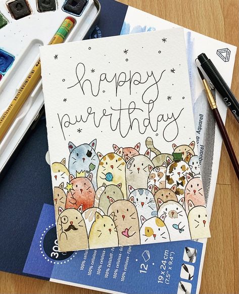 Birthday Card with Ink Liners and Aquarelle 🧡 Marker Birthday Card, Birthday Card Design Ideas, Happy Birthday Watercolor, Zebra Drawing, Birthday Card Drawing, Cute Presents, Birthday Card Design, Paint Cards, Birthday Cards For Friends