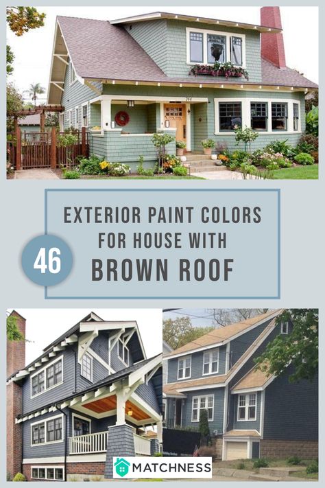 Best Exterior House Colors With Brown Roof, Brown And Blue House Exterior, Paint Colors For Home Exterior Ideas Brown Roof, Blue House Tan Roof, Tan Metal Roof House Colors, Brown Windows Exterior Color Schemes, Reddish Brown Roof Exterior House Colors, Desert Tan Roof Color Schemes, House And Roof Color Combinations