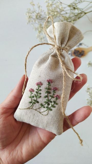 Tea Bag Embroidery, Embroidered Sachets, Thyme Embroidery, Elegant Floral Embroidery Pouch Gift, Embroidered Lavender, Embroider Lavender, Purple Embroidered Bag For Gift, Embroidered Lavender Sachets, Tea Towels Embroidery