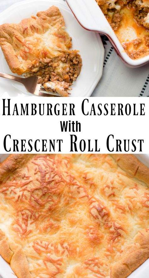 The Hamburger Casserole is easy to make and has tons of flavor. A ground beef mixture is topped with a cheese mixture and a crescent roll crust. #HamburgerCasserole #CrescentRollCrust #BestCasserole Cheesy Hamburger Casserole, Crescent Roll Recipes Dinner, Crescent Roll Casserole, Crescent Roll Crust, Crescent Recipes, Hamburger Casserole, Crescent Roll Recipes, Beef Casserole Recipes, Ground Beef Casserole