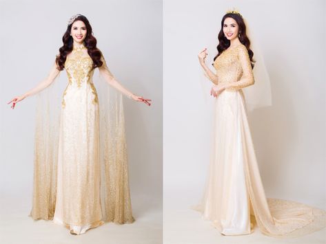 Gold Ao Dai, Bridal Ao Dai, wedding Ao Dai, Vietnamese bridal Ao Dai, traditional Vietnamese bridal dress Champagne Ao Dai, Ao Dai Wedding Dress, Luxury Floor-length Ao Dai For Wedding, Gold Ao Dai, Elegant Gold Fitted Ao Dai, Traditional Floor-length Ao Dai For Wedding, White And Gold Ao Dai, Traditional White Long Ao Dai, Vietnamese Wedding