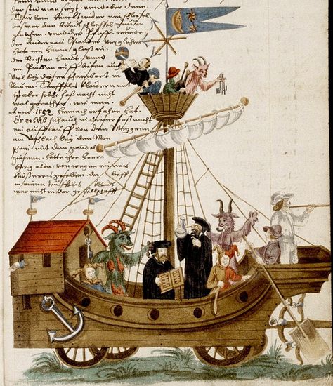 Nuremberg Shrovetide Carnival. German c, 1590-1640(?)---jesters-devils-musicians-clergy etc. "Ship of Fools"? | Flickr - Photo Sharing! Medieval Carnival, Ship Of Fools, Carnival Ships, Bodleian Library, Ancient Mariner, Medieval Paintings, Medieval Life, Ancient Books, Medieval Manuscript