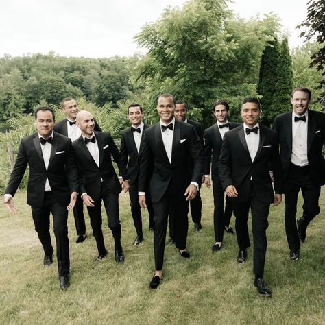 Bow ties for the groom and groomsmen will never go out of style. Classic, sophisticated and can be fun, as well. #weddingbowtie #groomsmenbowtie Formal Groomsmen Attire, Black Wedding Suit Groom, Black Bow Tie Wedding, Groomsmen Attire Black, Bow Tie Suit, Groomsmen Looks, Tie Ideas, Wedding Tux, Groom Bowtie