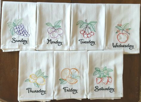 MACHINE EMBROIDERED FLOUR SACK  DISH TOWELS VINTAGE FRUIT PATTERN  SET OF SEVEN  APPROX. 33" X 38" FLOUR SACK TOWEL MADE FROM A DURABLE 130 THREAD COUNT BRIGHT WHITE COTTON FABRIC  SUPER ABSORBENT AND THEY HAVE BEEN HEMMED ON ALL FOUR SIDES WITH A CORNER HANGER LOOP THESE TOWELS ARE PREWASHED AND BLEACHED. THE NUBS AND IMPERFECTIONS ARE CHARACTERISTICS OF THIS FINE TOWEL PLEASE CHECK OUT MY OTHER TOWELS/TOWEL SETS I DO COMBINE SHIPPING Dish Towel Embroidery, Flour Sack Dish Towels, Flour Sack Kitchen Towels, Towel Embroidery, Vintage Fruit, Towel Pattern, Flour Sack Towels, Hand Embroidery Pattern, Days Of The Week