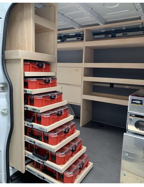 Sprinter Van Tool Storage Ideas, Work Van Drawers, Electrician Van Organization, Cargo Van Shelving Ideas, Van Tool Storage Ideas, Van Racking Ideas Carpenter, Van Tool Storage, Work Van Storage, Van Storage Ideas Tools