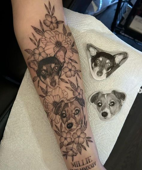 #Flower #Dog #Tattoo Flowers And Dog Tattoo, Dog Beach Tattoo, Flower Dog Tattoo, Dog Portrait Tattoo, Bio On Instagram, Flower Dog, Beach Tattoo, Dog Flower, Dog Tattoo