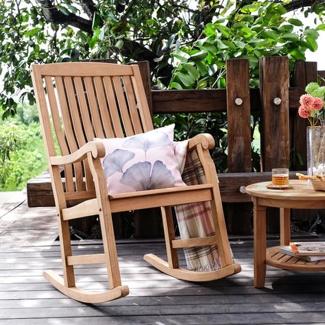 Kelly Clarkson Home Allison Teak Outdoor Rocking Chair & Reviews | Wayfair Teak Rocking Chair, Outdoor Rocking Chair, Rocking Chair Porch, Kelly Clarkson Home, Patio Rocking Chairs, Patio Style, Hardwood Furniture, Wood Patio, Outdoor Rocking Chairs