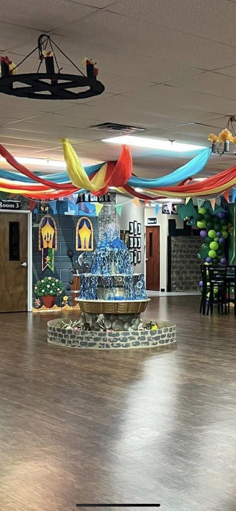 Kingdom Classroom Theme, Mid Evil Party, Castle Sunday School Room, Kingdom Decorations Ideas, Kingdom Party Decorations, Kingdom Keepers Vbs Decorations, Castle Vbs Decorations, Medieval Times Party, Medieval Decorations Diy