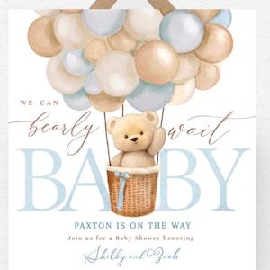 Editable Teddy Bear Hot Air Balloon Bear Theme Baby Shower - Etsy Ireland Bear Hot Air Balloon, Invites Template, Balloon Bear, Baby Shower Invitaciones, Bear Theme, Some Text, Change Text, Editable Invitations, Hot Air Balloon