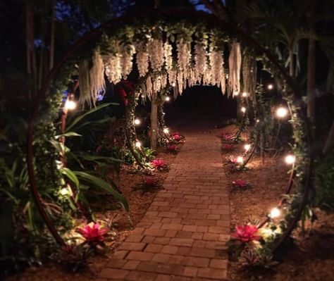 Moon Gate Aesthetic, Fantasy Themed Wedding Dresses, Dark Forest Prom Theme, Magical Garden Fantasy Night, Fairy Garden At Night, Outdoor Wedding Venues Enchanted Forest, Garden Wedding Night Outdoor, Forest Wedding Diy Decor, Outdoor Christmas Wedding Ideas