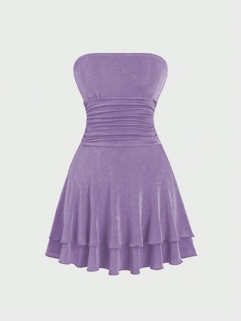 Women Strapless Ruched Double Layer Hem Dress Purple Sexy  Sleeveless Knitted Fabric Plain A Line Medium Stretch  Women Clothing, size features are:Bust: ,Length: ,Sleeve Length: Short Purple Dress, Lilac Purple Dress, Purple Dress Outfits, Purple Strapless Dress, Form Fitting Black Dress, Purple Clothes, Purple Dresses Formal, Blue Mittens, Purple Short Dress