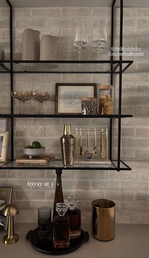 Wet Bar Shelf Styling, Bar Shelf Styling, Bar Nook Ideas, Small Dry Bar Ideas, Wall Bar Ideas For Home, Coffee Cocktail Bar, Floating Bar Shelves, Bar Shelf, Dry Bar