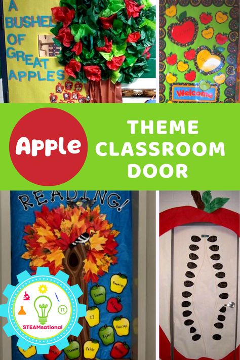 Apple Theme Bulletin Board Ideas, Apple Door Decorations Preschool, Apple Door Ideas For Classroom, Apple Theme Classroom Door, Apple Classroom Door Ideas, Apple Door Decorations Classroom, Apple Themed Bulletin Boards, September Door Decorations Classroom, Apple Bulletin Board Ideas Preschool