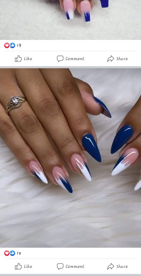 Navy Blue Stiletto Nails, Navy Blue And White Nails, Navy Blue Nails Designs, Navy Blue Nail Designs, Blue Stiletto Nails, Blue And Silver Nails, Blue And White Nails, Fall Acrylic, Navy Blue Nails