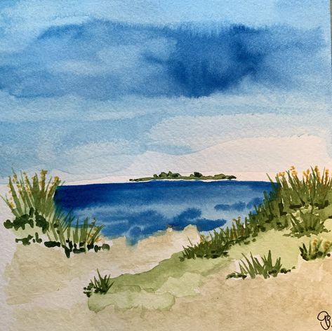 Sea Drawing Watercolors, Watercolor Landscape Easy, Beginner Watercolor Ideas, Watercolor Island, Loose Watercolor Paintings, Sketch Note, Watercolor Beach, Learn Watercolor Painting, Watercolor Art Landscape