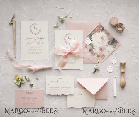 Blush Pink Fine Art Wedding Invitations Deckled Edge Wedding - Etsy Luxury Wedding Invites, Pink Wedding Stationery, Romantic Wedding Stationery, Classic Wedding Stationery, Art Wedding Invitations, Ivory Wedding Invitations, Wedding Invitations Uk, Stylish Wedding Invitation, Vintage Wedding Cards