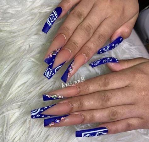 Crip Blue Nails Acrylic, Thug Nails, Dope Nail Designs Summer, Nails Bday, Bandana Nails, Freestyle Nails, Dior Nails, Dark Blue Nails, Blue Bandana