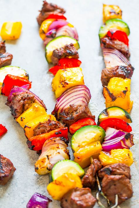 Teriyaki Sirloin Steak, Teriyaki Steak Kabobs, Grilled Steak Kabobs, Teriyaki Steak, Mother Thyme, Peach Chicken, Grilling Recipes Sides, Grilling Kabobs, Steak Kabobs