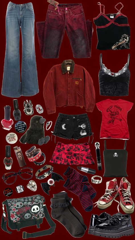 #redandblack #vintage #outfitinspo #emo #red Red Grunge Aesthetic Outfits, Red Grunge Aesthetic, Red Grunge, Emo Clothing, Red Aesthetic Grunge, Alt Outfits, Aesthetic Grunge Outfit, Emo Outfits, Gaming Clothes