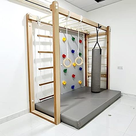 Moon Kids Monkey Bars Climbing Rope Ladder Playground Set with Mat, Grey : Amazon.ae: Sporting Goods Monkey Bars In Basement, Diy Indoor Monkey Bars, Jungle Gym Bedroom, Monkey Bars Diy, Basement Playground, Diy Monkey Bars, Indoor Monkey Bars, Kids Playroom Basement, Kids Jungle Gym