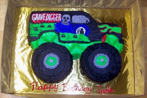 Grave Digger Cake, Digger Birthday Cake, Monster Truck Theme Birthday Party, Vehicles Party, Monster Truck Cupcakes, Monster Truck Birthday Cake, Grave Digger Monster Truck, Digger Cake, Digger Birthday