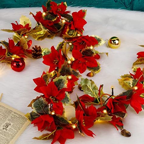 Poinsettia Garland, New Year Home Decor, Christmas Urns, Christmas Lights Garland, Artificial Garland, Merry Christmas Happy Holidays, Christmas Material, Christmas String Lights, Christmas Poinsettia