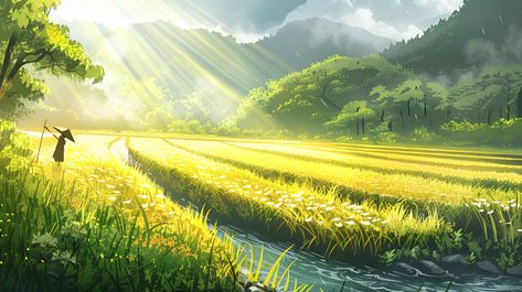 Smooth Anime Style Illustration of Rice Field and Scarecrow Digital Art Grass Field Tutorial, Anime Field, Ali Mola, Inspirational Digital Art, Flowing River, River Flowing, Grass Background, Photography Movies, Rice Field