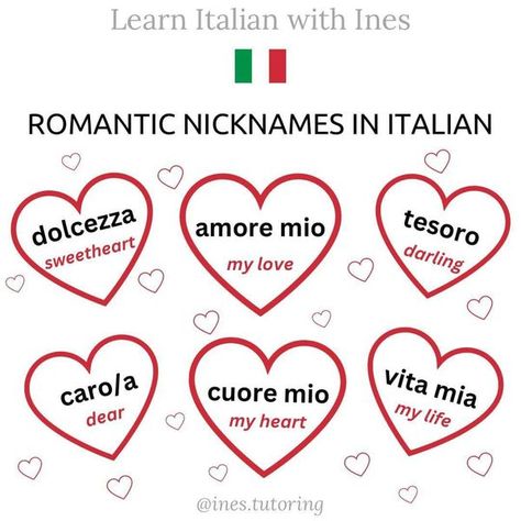 Learn Italian with Ines Italian Terms Of Endearment, Italian Love Words, Italian Sayings With Translation, Learning Italian Aesthetic, Italian Words Aesthetic, Italian American Aesthetic, Italian Love Phrases, Cool Italian Words, Italian Worksheets