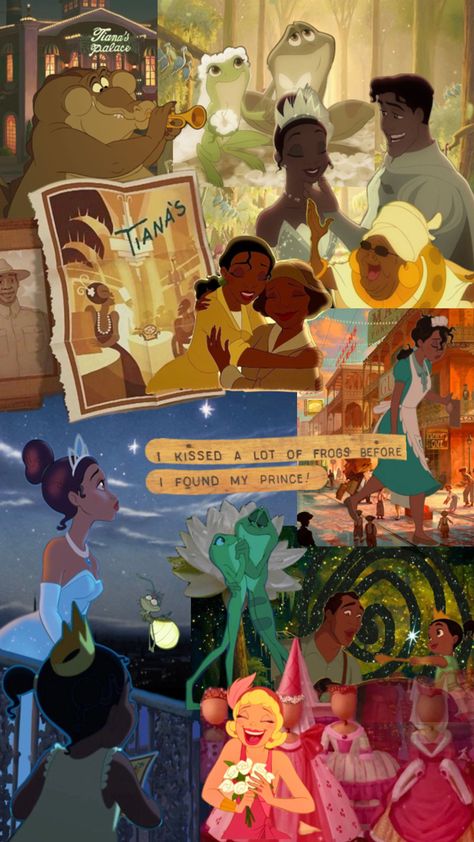 #princessandthefrog #disney #aesthetic #princess #collage #wallpaper Princess Tiana Collage Wallpaper, Princess And The Frog Restaurant, Princess And The Frog Aesthetic Wallpaper, Princess And The Frog Characters, Tiana Aesthetic, Princess Collage, Disney Tiana, Aesthetic Princess, Tiana Disney