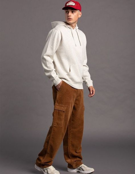 Corduroy Pants With Sweatshirt Coderoy Pants, Guy Jeans Outfit, Corderoy Outfits Aesthetic Men, Mens Corduroy Pants Outfit, Men’s Pants, Corduroy Pants Outfit Mens, Mens Cargo Pants Outfit, Wide Leg Cargo Pants Outfit, Men Cargo Pants Outfit