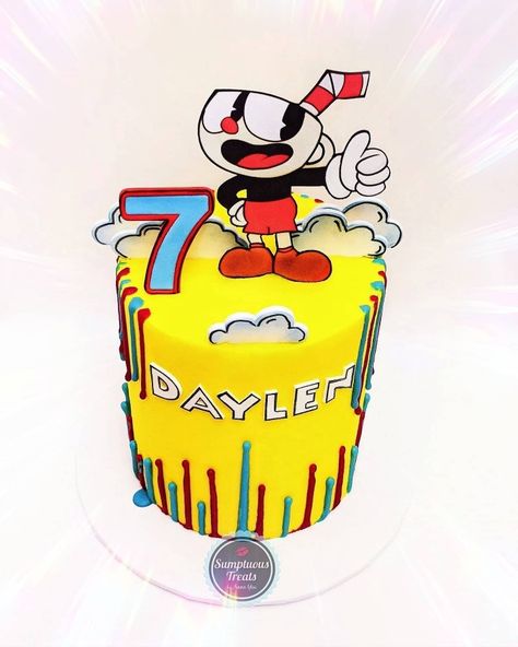 Cuphead Themed Birthday Cake #cuphead #cupheadcake #upsidedowndrip #yellowbuttercream #redandbluedripcake #yellowcakes #cupheadvideogame #boyscakes #kidscakestoronto #customcakestoronto #custombuttercreamcakes #VideoGames #videogamethemecake #dripcakes www.instagram.com/sumptuoustreats Cuphead Cake, Cuphead Birthday, Pj Mask Party, Cup Head, Party Hacks, Themed Birthday Cakes, Yellow Cake, 12th Birthday, Drip Cakes