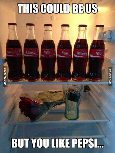 This could be us... Hahahaha this made me LOL idk why Coke vs Pepsi 4 Panel Life, Creative Proposals, Coca Cola Bottles, Mary I, Coke Bottle, Coca Cola Bottle, Marriage Proposals, Marry Me, Eminem