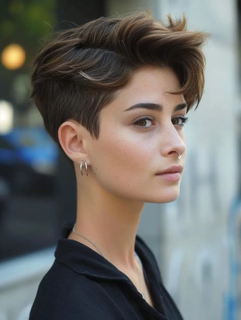 Modern Pixie Haircut, Pixie Cuts For Thick Hair, Long Pixie Haircut, Cuts For Thick Hair, Short Stacked Bob, Short Stacked Bob Haircuts, Brunette Pixie, Pixie Haircut Ideas, Longer Pixie Haircut