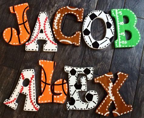 Sports Room Boys, Wooden Letters Decorated, Baby Boy Room, Large Wooden Letters, Painting Wooden Letters, Sports Baby Shower, Boy Girl Bedroom, Sports Baby, Diy Letters