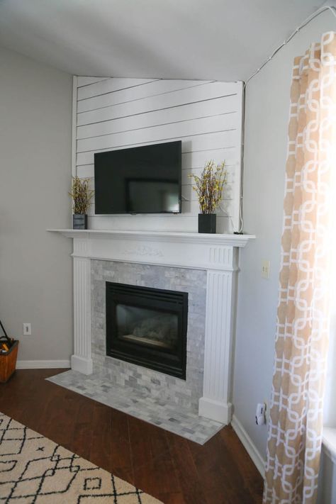 DIY fireplace and mantle update. Update A Corner Fireplace, Flooring In Front Of Fireplace, Diy Corner Fireplace Mantle, Corner Fireplace With Shiplap, Corner Shiplap Fireplace, Pistachio Room, Corner Fireplace Mantel, Mantle Update, Fireplace Between Windows