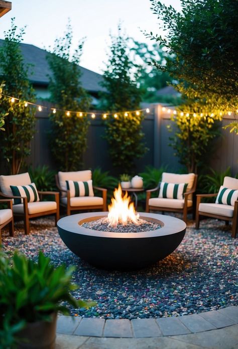 10 Pea Gravel Fire Pit Ideas To Revamp Your Outdoor Oasis! Back Patio Fire Pit Ideas, Classy Landscaping Ideas, Outdoor Gravel Fire Pit Area, Fire Pit Yard Ideas, Crushed Granite Fire Pit Area, Landscape With Pea Gravel, Outdoor Rock Patio Ideas, Fire Pit Garden Ideas Backyard, Concrete Patio Ideas With Fire Pit