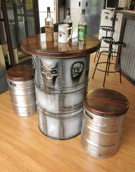 Calm Living Room, Pottery Barn Living Room, Oil Barrel, Metal Barrel, Beer Keg, Barrel Furniture, Oil Drum, Garage Bar, Basement Bar