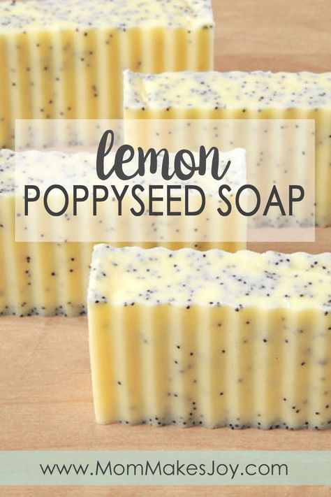 These lush lemon poppy seed soap bars are made with cocoa, shea & mango butters! Check out how to make them yourself with this easy tutorial. | DIY Bath and Body | How to make soap without lye | Soap Making | Mom Makes Joy Soap Without Lye, Poppy Seed Soap, How To Make Soap, Diy Soap Bars, Easy Soap Recipes, Savon Diy, Diy Soap Recipe, Lye Soap, Săpunuri Handmade